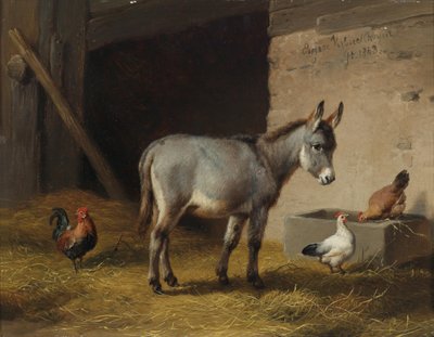 Donkey and Chickens in the Stable by Eugene Joseph Verboeckhoven